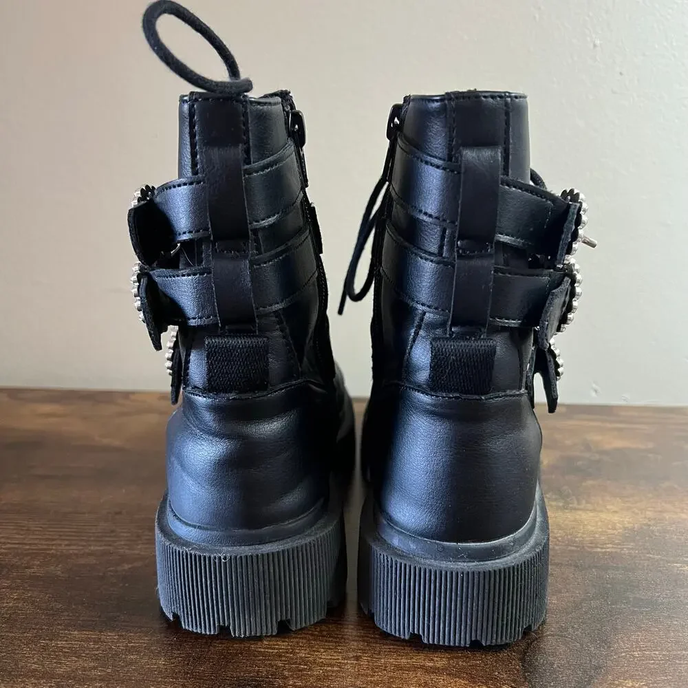 Zara Combat Boots 34 Girls 2.5 Black Faux Leather Lace Up Rhinestone Buckle Edgy